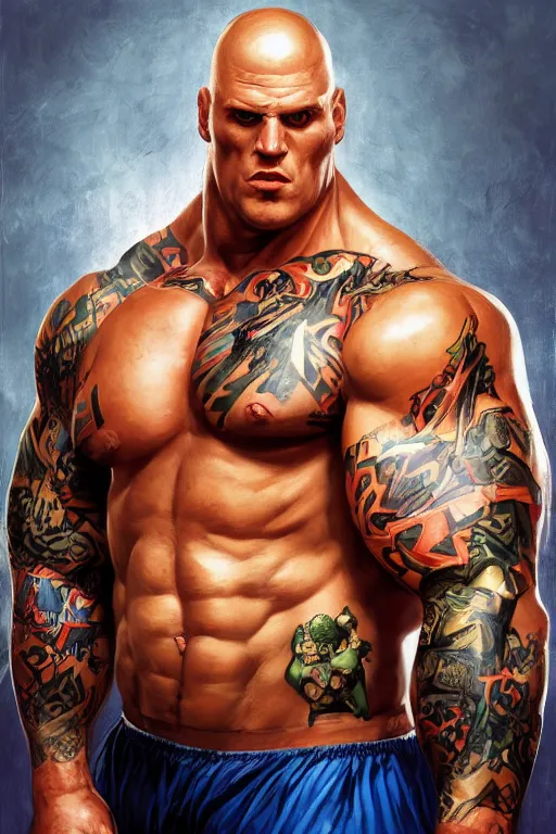 Prompt: upper body and head portrait of huge hulking absurdly muscular martyn ford as marvel character wearing shirt and pants against simple background by alex ross and jack kirby and sergey kolesov and jason fabok and lawrence alma tadema and norman rockwell and greg staples, photoreal, cinematic, 4 k, high detail