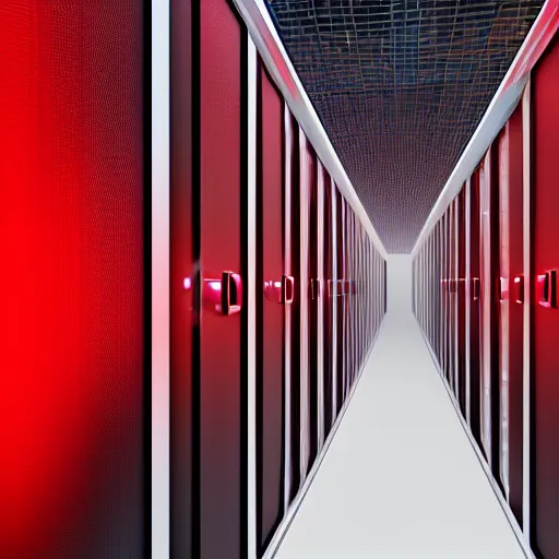 Image similar to evil server room, screen with ai face on it, dark, red lighting