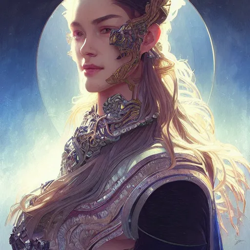 Prompt: female portrait knights of Zodiac, sci-fi, fantasy, intricate, very very beautiful, elegant, highly detailed, digital painting, artstation, concept art, smooth, sharp focus, illustration, art by artgerm and greg rutkowski and alphonse mucha