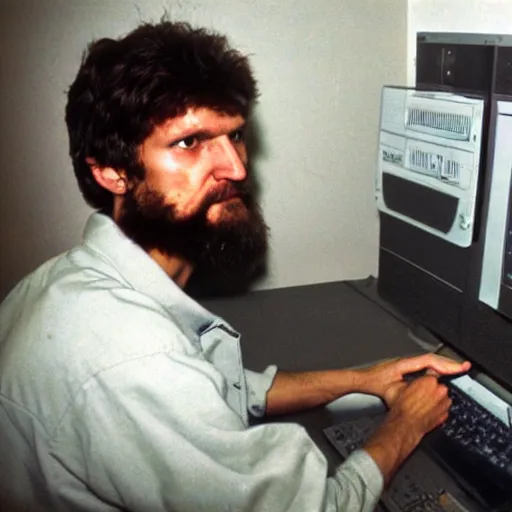 Prompt: Ted Kaczynsky using a computer