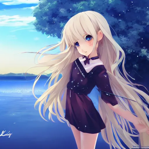 Prompt: a very beautiful anime cute girl, full body, long wavy blond hair, sky blue eyes, full round face, short smile, fancy top, miniskirt, front view, summer lake setting, strong wind, cinematic lightning, medium shot, mid-shot, highly detailed, cinematic wallpaper by Stanley Artgerm Lau