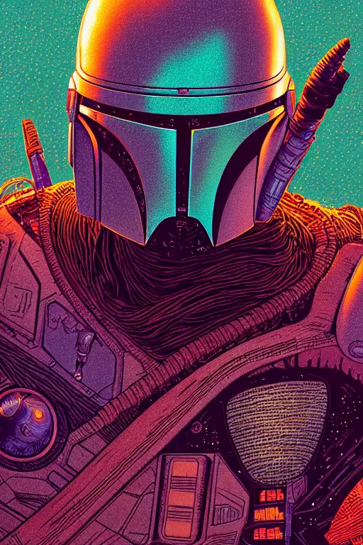 Image similar to closeup potrait of the mandalorian, intricate, volumetric lighting, moebius, geof darrow, frank miller, dan mumford, detailed illustration, digital art, victo ngai, kilian eng, vector art