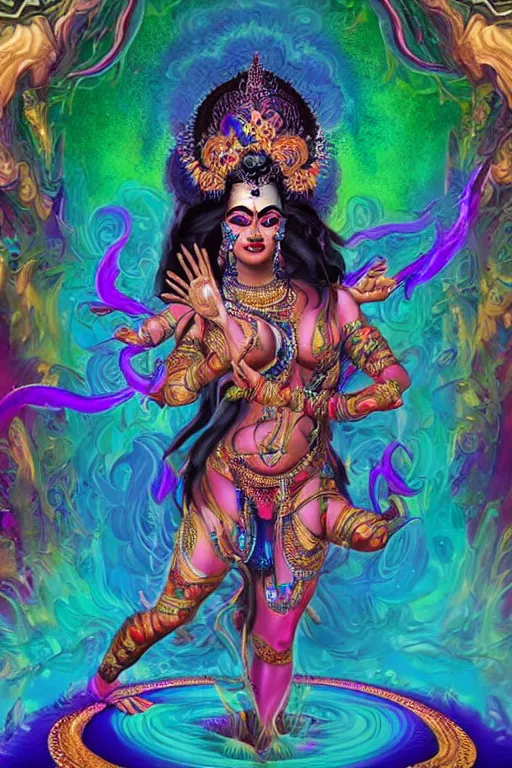 Image similar to overdetailed maximalist fullbody portrait of a beautiful female energy being reminds to kali, having four arms and dancing while transcending to her true form while floating over a surreal landscape. Made by oozium, inspired by silvio vieira, overpainted by loish. 8k 3d realistic render. Bright, sacred, spiritual, dawn, backlit, calm, relaxed, dynamic, ethereal, arcane, intricate, mysterious, dramatic, cinematic. Seen from below. Overpaint in Indian tapestry style