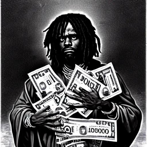 Image similar to highly accurate cheef keef rapper holding stacks of cash, biblical image, style of gustave dore, highly detailed, beautiful, high contrast, black and white