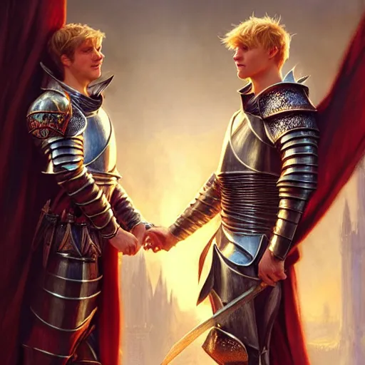 Image similar to attractive arthur pendragon and his favourite attractive male knight, they are in love, camelot, natural lighting, path traced, highly detailed, high quality, digital painting, by gaston bussiere and ross tran and j. c. leyendecker