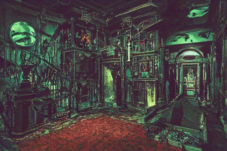 Image similar to full - color photo of the interior of a spooky haunted mansion at night. the interior architecture and layout are illogical, surreal, bizarre, complicated, and labyrinthine. there is a faintly - visible victorian ghost lurking.