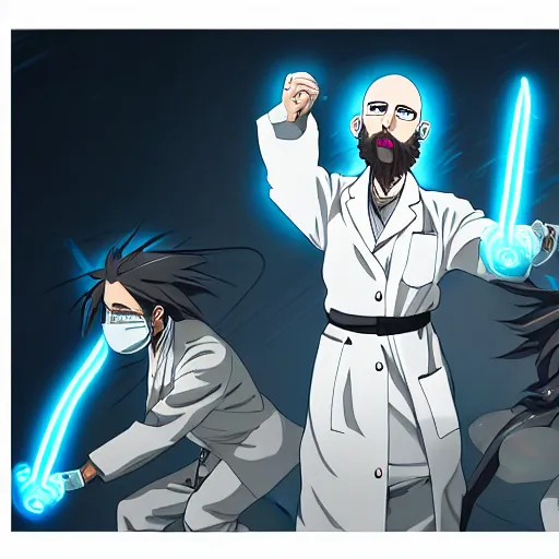 Prompt: The bald mad scientist with beard in the white lab coat has a glowing shield of bioluminescent armor protecting him during the battle. Action photo. Highly stylized. Anime.
