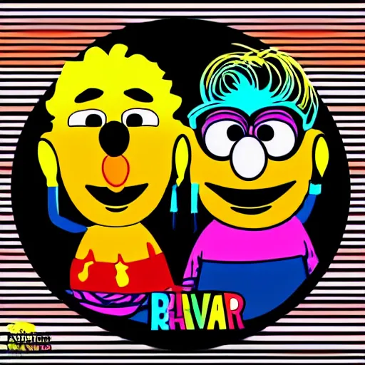 Image similar to svg sticker of a Pop-Wonder Bert&Ernie, Sesame-Street, at a rave, spinning records, giant headphones rocking out, wearing headphones, huge speakers, dancing, rave, DJ, spinning records, digital art, amazing composition, rule-of-thirds, award-winning, trending on artstation, featured on deviantart