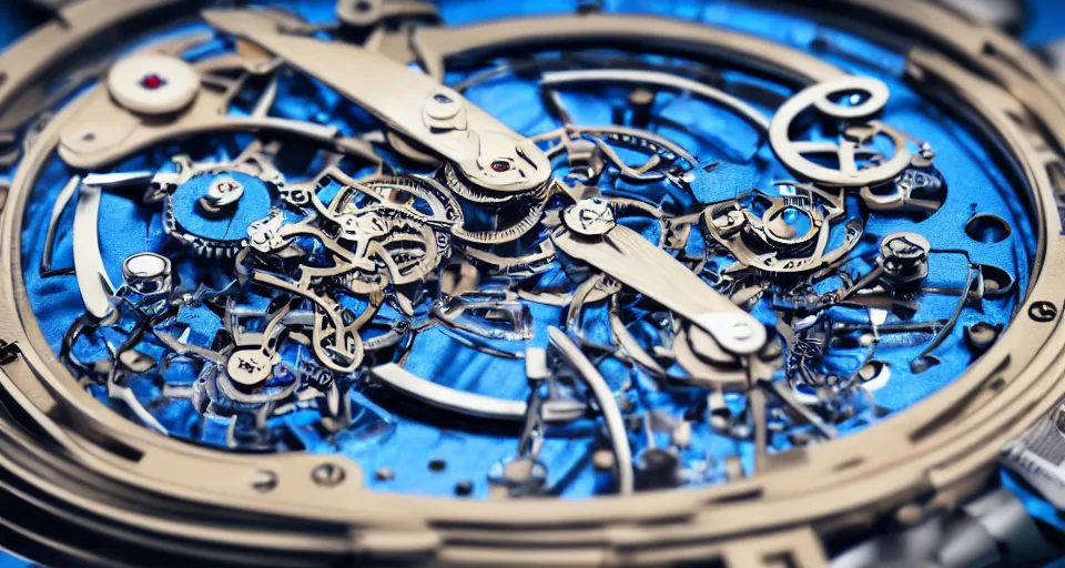 Prompt: complex 3 d render of a futuristic steampunk watch lying on a table, high detail, sharp focus, glowing blue interior components, fractal detail, depth of field, bokeh, cinematic lighting and composition, octane render, film grain, piaget