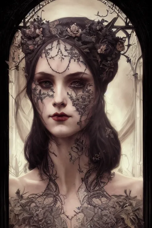 Prompt: portrait of a pretty gothic with tattoo, intricate, elegant, highly detailed, digital painting, artstation, concept art, smooth, sharp focus, illustration, art by artgerm and greg rutkowski and alphonse mucha and william - adolphe bouguereau