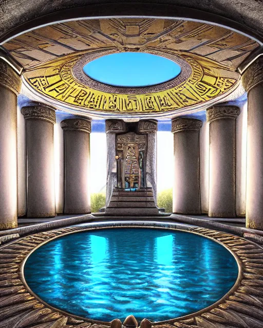 Prompt: greg rutkowski digital painting of an ornate and royal egyptian antechamber tomb, a circular pool in the tomb, the circular pool has a galaxy inside, unreal engine, hyper realism, realistic shading, cinematic composition, blender render, octane render, hdr, detailed textures, photorealistic, ultrawide shot, 3 5 mm film