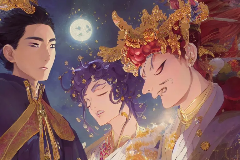 Image similar to close up moment of a divine a japan sun god and a moon goddess lovers magician at a wedding banquet, highly detailed, d & d, fantasy, 4 k realistic, digital painting, trending on artstation, concept art, sharp focus, illustration, art by makoto shinkai and akihiko yoshida and daniel gerhartz