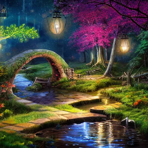 Image similar to painting, high detail, woodland village, in the night, fantasy, crescent moon, stone paths, bridge, water stream, luminous, toadstools, fireflies, fantasy,, flowers, lanterns, mist, highly detailed painting, fine lines, 8 k realistic, sharp focus