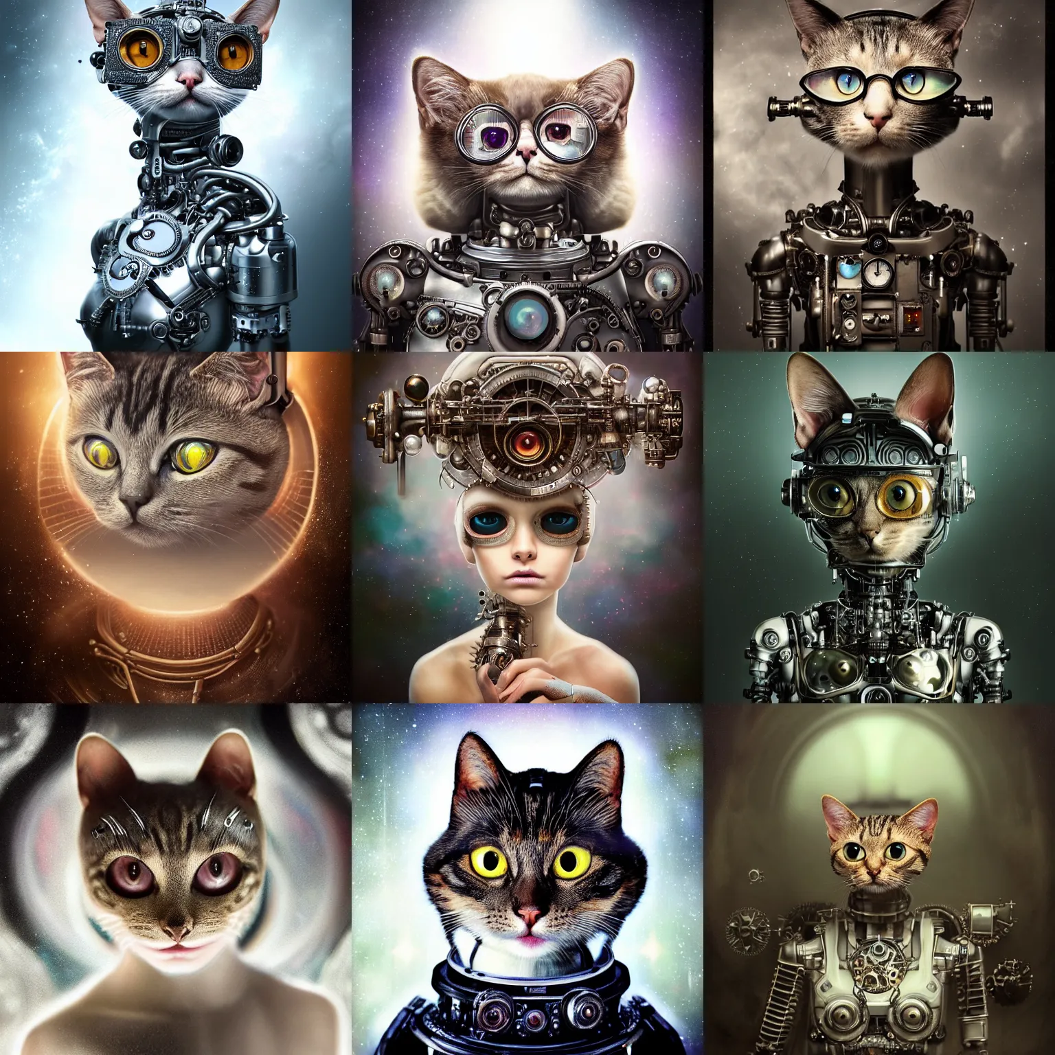 Prompt: a beautiful intricate fine art portrait photo of a a mechanical industrial steampunk cybernetic cute cat with large eyes against galactic space, soft backlight, by tom bagshaw and zach sutton, perfection!, milk bath photography, studio lighting, 5 0 mm lens, very detailed, bionic, cybernetic scifi, deep depth of field, artstation, 8 k, highly coherent