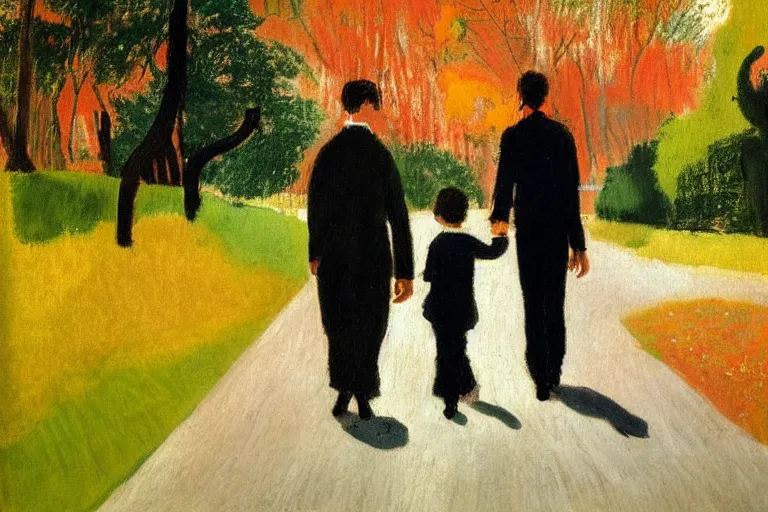 Image similar to a tall man with dark hair holding the hands of a small boy with dark hair as they walk down a suburban highway on a bright beautiful colorful day. part in the style of an edgar degas painting. part in the style of david hockney