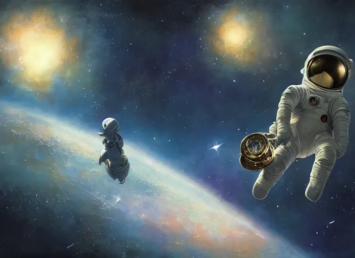Prompt: craig mullins and ghibli digital illustration of an astronaut floating in the middle of the cosmos playing the saxophone!!! doing jazz!!! improvisation, full body!!!, strong contrast, earth, galaxies, ethereal, inviting, bright, unreal engine, hyper realism, realistic shading, cinematic composition, wide shot