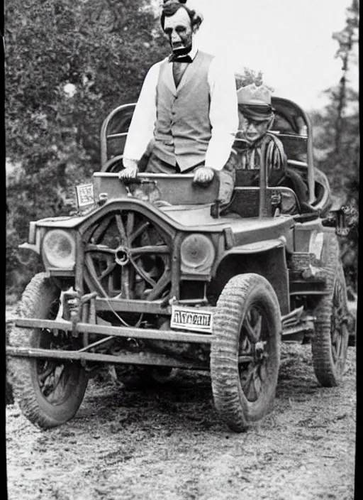 Prompt: old photo of Abraham Lincoln driving a jeep
