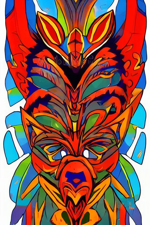 Image similar to totem animal tribal chaman vodoo mask feather gemstone plant video game illustration vivid colorful borderlands and by feng zhu radiating a glowing aura