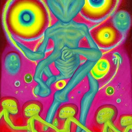 Prompt: an anthromorphic alien cult steals socks, by amanda clark in a psychedelic style, oil on canvas