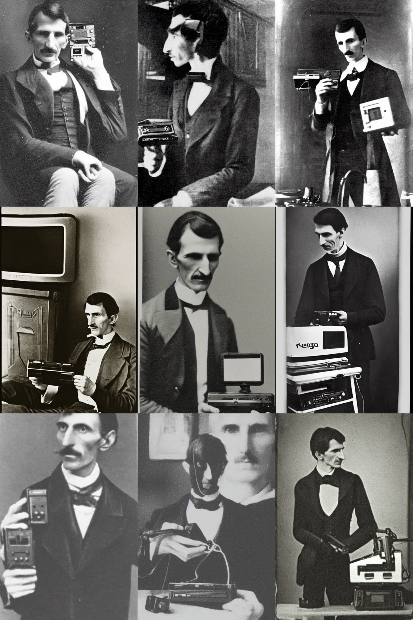 Prompt: old photo from the 1860s of Nikola Tesla playing Sega Genesis, grainy, film photo, archive