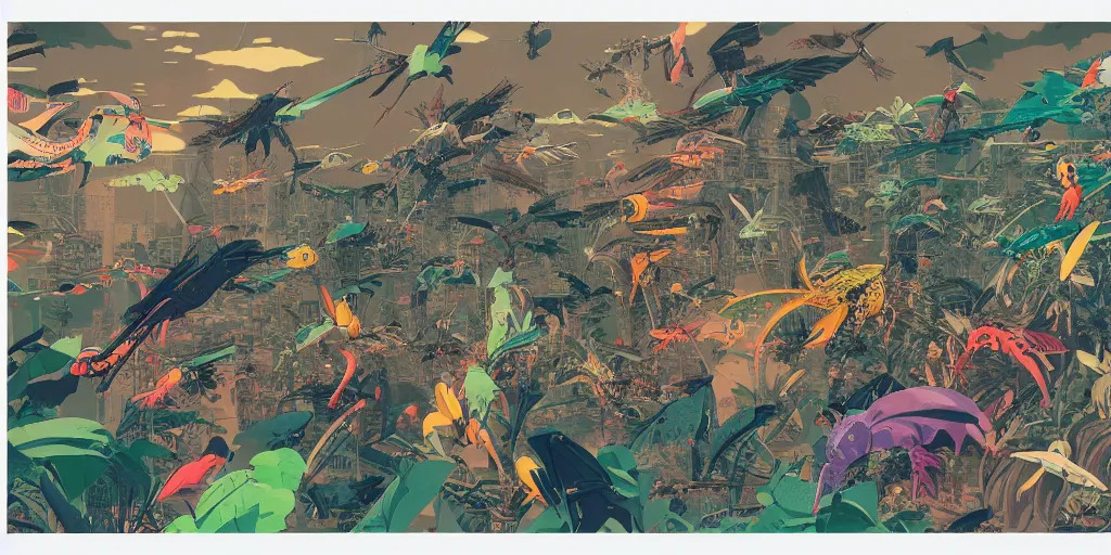 Image similar to risograph rendition, gigantic mecha arzach birds with dragonflies, tiny rats, a lot of exotic animals around, big human faces everywhere, helicopters and tremendous birds, by satoshi kon and moebius, matte bright colors, surreal design, crispy, super - detailed, a lot of tiny details, fullshot