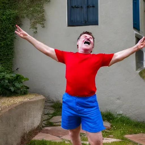 Image similar to a happy english irish middle aged man with brown moptop hair and red cheeks is wearing a blue tshirt and shorts. he dances with his arms excitedly like a chicken in his kitchen