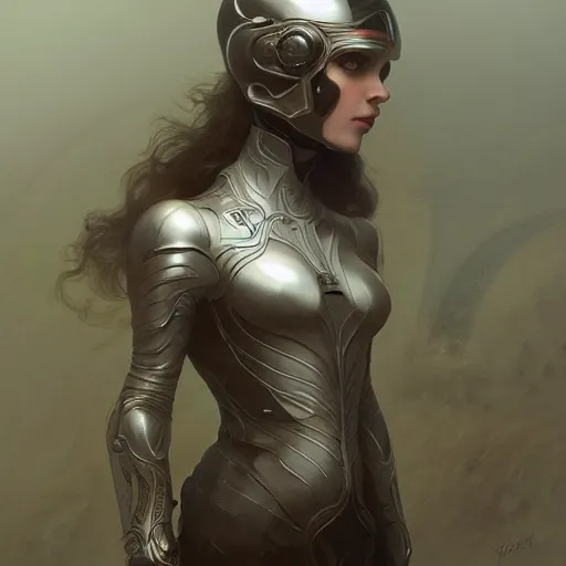 Prompt: pale skinned woman wears a metal helmet, fog, volumetric lighting, intricate, elegant, highly detailed, digital painting, artstation, concept art, smooth, sharp focus, art nouveau, art by artgerm and greg rutkowski and alphonse mucha