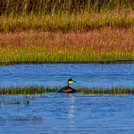 Image similar to a colorful iridescent mallard floating on a lake in the foothills of mount saint helens crater in the distance