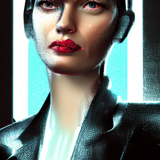 Image similar to stylish woman cartoon portrait made out of rain, pinstripe suit, wearing a shiny metal crown, cyberpunk background, rendered in octane, unreal engine, highly detailed, trending on artstation, realistic, neon, beautiful