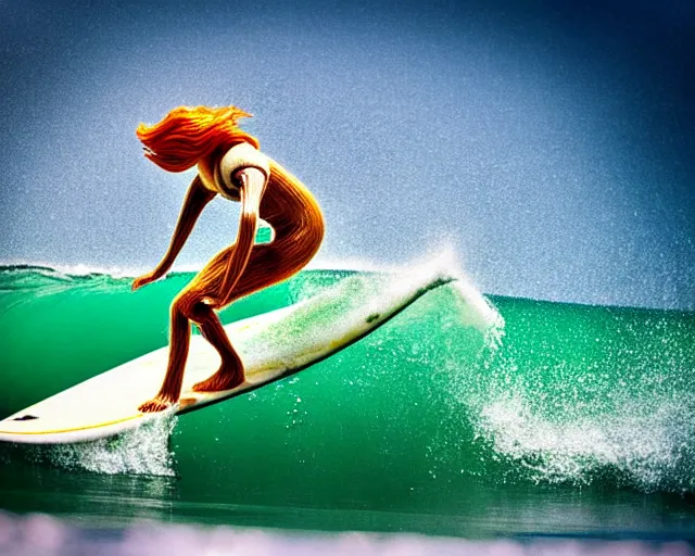 Image similar to close up of a beautiful ginger surfer, surfing on a surfboard in a sea of pasta, art nouveau, fantasy, intricate pasta waves, elegant, highly detailed, sharp focus, action sports photography