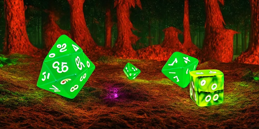 Image similar to forest god rolling giant magical 3 d d 6 casino dice cube, glowing, energy radiating, fantasy forest in the background, 4 k detailed, symmetry, by shaddy safadi and cam sykes and james paick