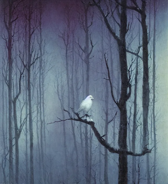 Prompt: white raven bird in the winter forest red and purple palette, volume light, fog by caspar david friedrich by ( h. r. giger ) and paul lehr