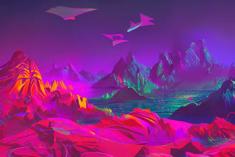 Image similar to wide ((wide)) photo of beautiful Jesse Faden (((dynamic neon lighting)) in chromatic dmt trippy lake with glowing birds, mountains, elegant, highly detailed, sharp focus, illustration, beautiful, geometric, trending on artstation, cinematic, artwork by Tran, Ross and Aivazovsky, Ivan