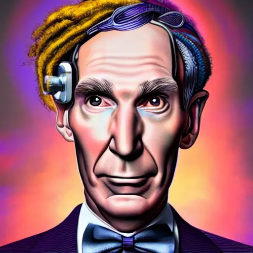 Image similar to portrait of bill nye with dreadlocks, cyberpunk setting, futuristic, highly detailed, intricate lighting, digital painting, sharp focus, illustration, trending on artstation, art by magali villenueve