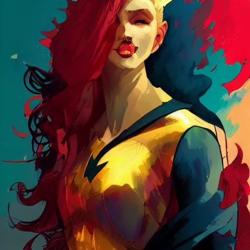 Prompt: batman character design. Colorful, reds, yellows, blues. Beautiful, dreamy digital art by Artgerm and Greg Rutkowski and Alphonse Mucha