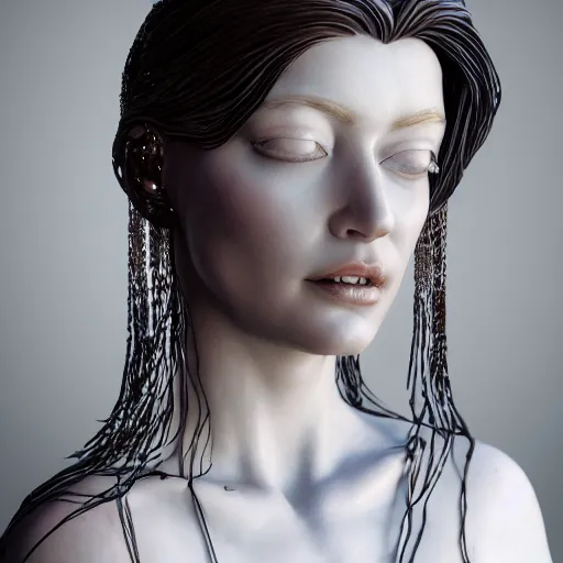 Prompt: abstract highly detailed female sculpture portrait made of white marble and dark amethyst crystals quartz, ethereal lights, fine details, artstation, film still, rim light, cinematic photoshooting, luxury, 8 k, intricate golden filigree, octane render, hypperrealistic painting, abstract liquid acrylic art. cinematic still.