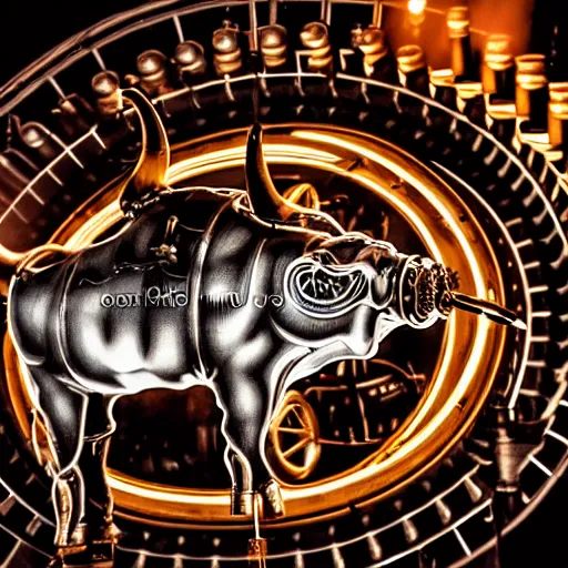 Image similar to a clockwork mechanical bull there are gears sticking out of the mechanical bull steam emanates from the robotic bull and thick clouds of steam swirl around the clockwork bull, ultra high detail, high particle effects, highly reflective surface, realistic reflections