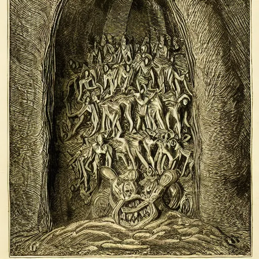 Prompt: portal to hell, carved with writhing bodies, hellfire, flanked by cerebus, by Gustav Dore