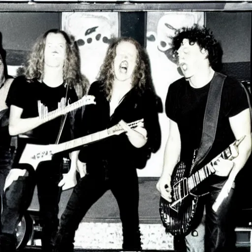 Image similar to vintage photo of Metallica performing at a Taco Bell, 1993