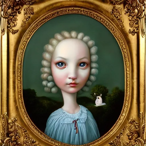 Image similar to a beautiful detailed portrait painting by Mark Ryden of the crazy noble in a serene landscape, rococo