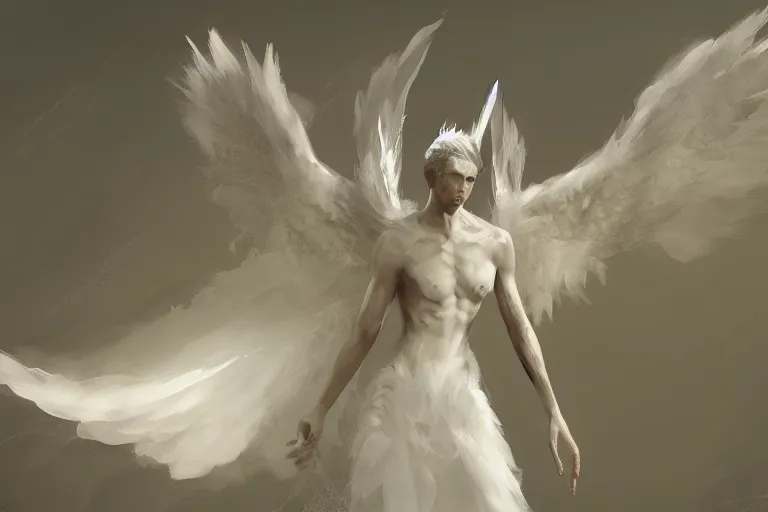 Prompt: a white angel with feathered wings open, digital art in the style of Craig Mullins , 4k