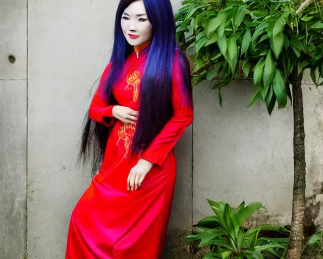 Image similar to pretty vietnamese woman with rainbow hair wearing a red ao dai