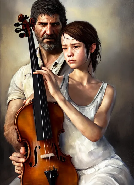 Prompt: portrait of ellie from the last of us in a white dress playing the violin. by Daniel F. Gerhartz, hyperrealistic oil painting, 4k, very detailed faces, studio lightning
