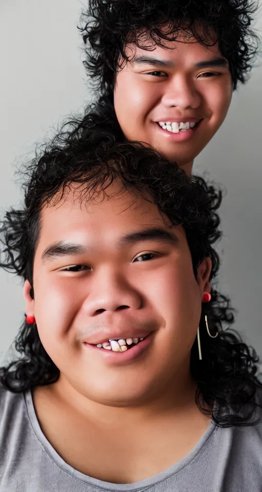 Image similar to close up photograph of a fat filipino teenage man smiling with crooked teeth, a curly perm, small studded earings, 4 k, photorealistic, high detail by annie leibovitz