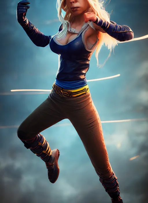 Image similar to An epic fantasy comic book style portrait painting of an athletic female thief with blonde hair dancing, unreal 5, DAZ, hyperrealistic, octane render, cosplay, RPG portrait, dynamic lighting, high detail