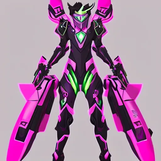 Image similar to digital concept art of a new Genji skin from Overwatch inspired by DVa's pink meka