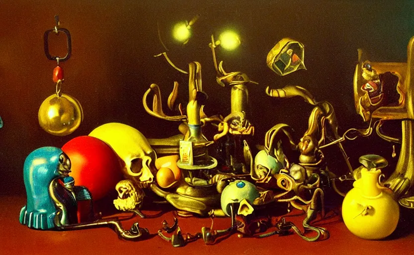 Image similar to disturbing colorful oil painting dark background dutch golden age vanitas still life vintage toys beautiful composition with bizarre objects strange surfaces shiny metal reflections bizarre lights rachel ruysch dali todd schorr very detailed perfect composition rule of thirds masterpiece canon 5 0 mm, cinematic lighting, photography, retro, film, kodachrome