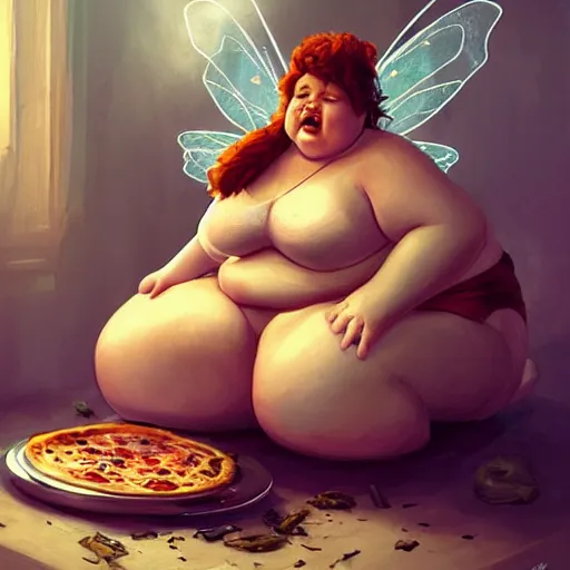 Image similar to a very fat fairy sitting in a messy room and burping because she ate too much pizza and junk food, fantasy art, illustration, amazing detail, in the style of greg rutkowski, artgerm, cgsociety