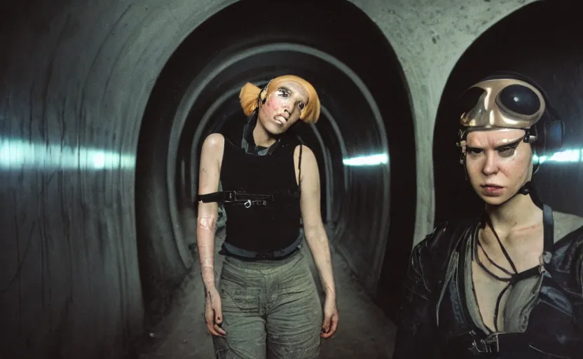 Image similar to cinestill 5 0 d photographic portrait by helen levitt of two loving female cyborgs wearing black waist cutout techwear in a retrofuturist liminal tunnel underground, extreme closeup, modern cyberpunk, dust storm, 8 k, hd, high resolution, 3 5 mm, f / 3 2, ultra realistic faces, intricate detail, ex machina