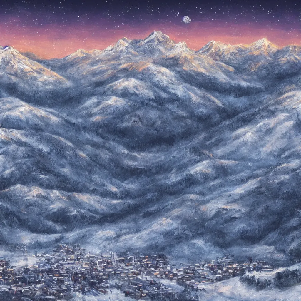 Prompt: Snowy mountaintop landscape with a city in a valley below the night sky, detailed, photorealistic